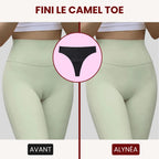 Résultat avant et après avec le tanga anti-cameltoe sous un legging vert
