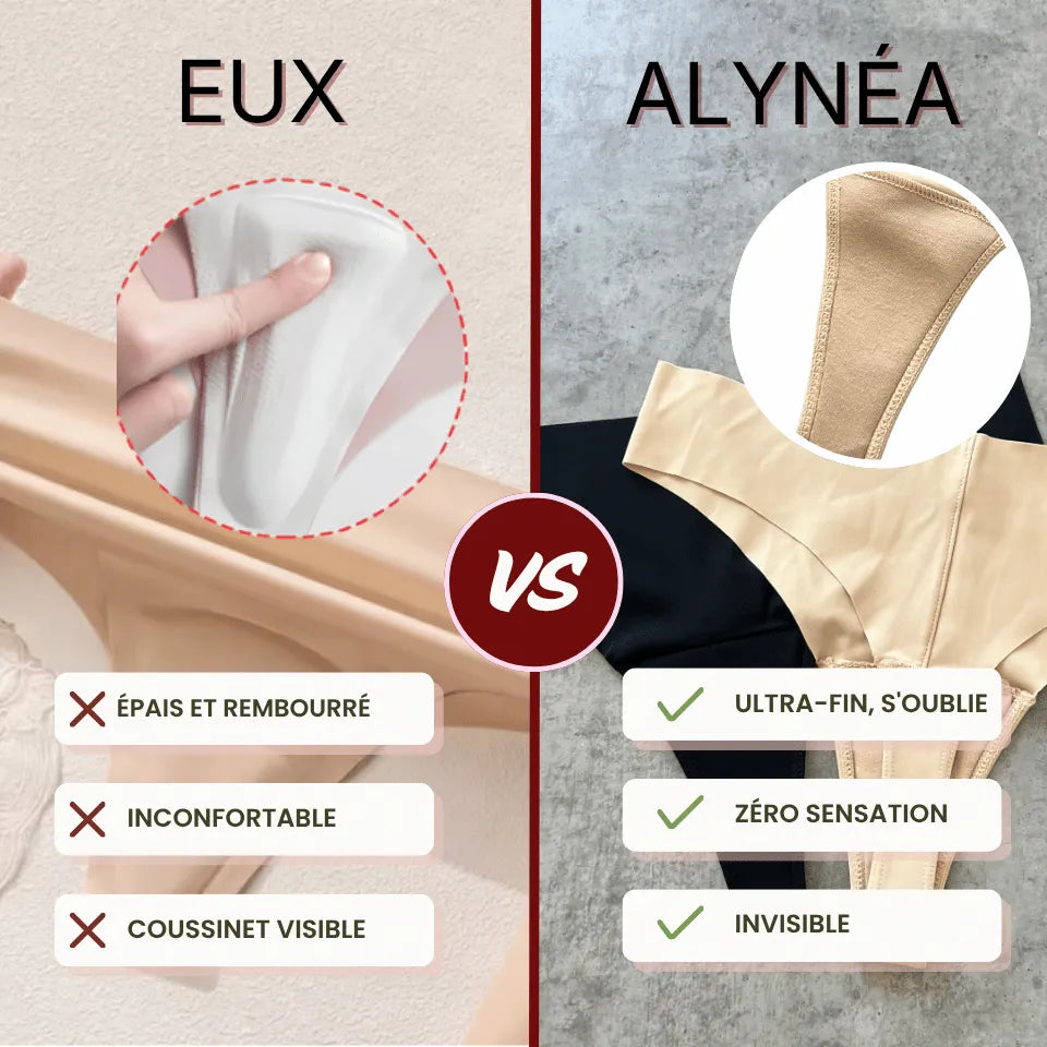 Comparaison entre un coussinet anti-cameltoe épais et le coussinet intégré Alynéa