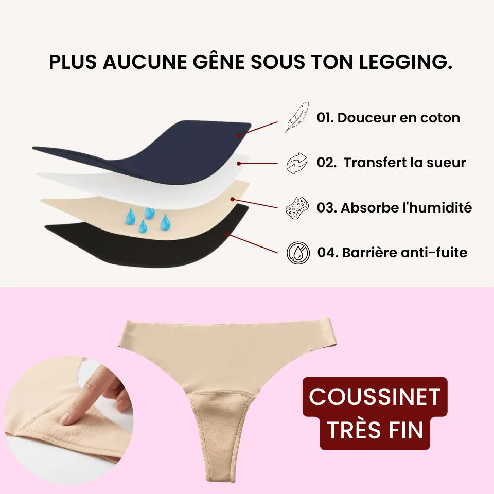 Schéma du coussinet anti-cameltoe intégré qui lisse le tissu du legging