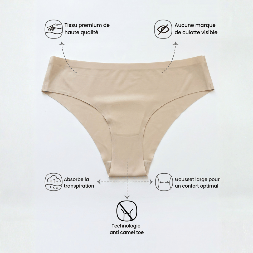 Bénéfice culotte anti-cameltoe Alynéa: 
- Tissu premium de haute qualité
- Aucune démarcation visible sous vos vêtement (sans couture)
- Absorbe la transpiration (Tissu respirant)
- Technologie Anti cameltoe
- Gousset (insert) large pour un confort optimal et très fin pour plus de confort