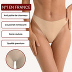 Tanga anti-cameltoe beige Alynéa porté de face, sans couture avec coussinet intégré