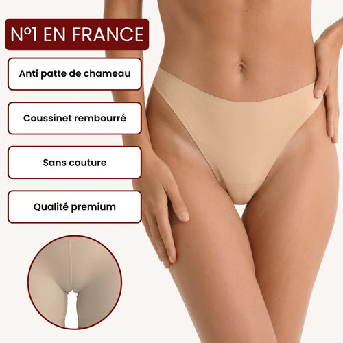 Tanga anti-cameltoe beige Alynéa porté de face, sans couture avec coussinet intégré