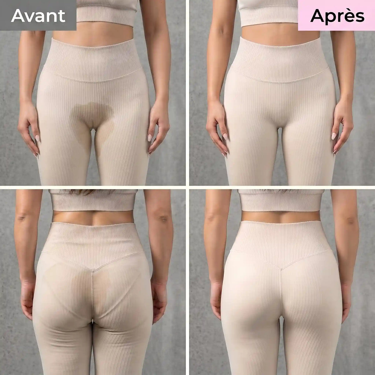 Comparaison avant et après avec le tanga anti-cameltoe Alynéa sous un legging