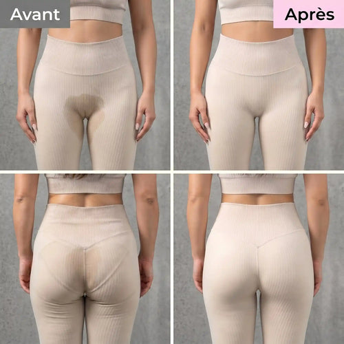 Comparaison avant et après avec le tanga anti-cameltoe Alynéa sous un legging
