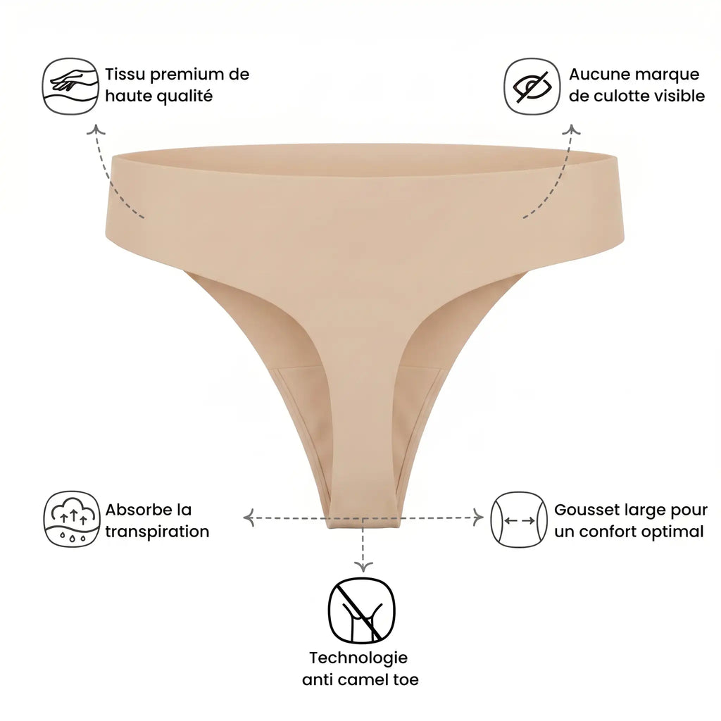 Tanga anti-cameltoe beige Alynéa à plat avec détails de conception