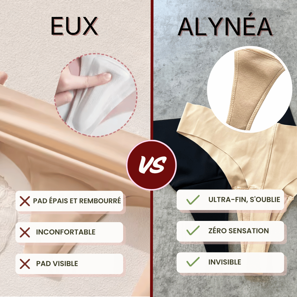 Comparaison entre un coussinet anti-cameltoe épais et le coussinet intégré Alynéa